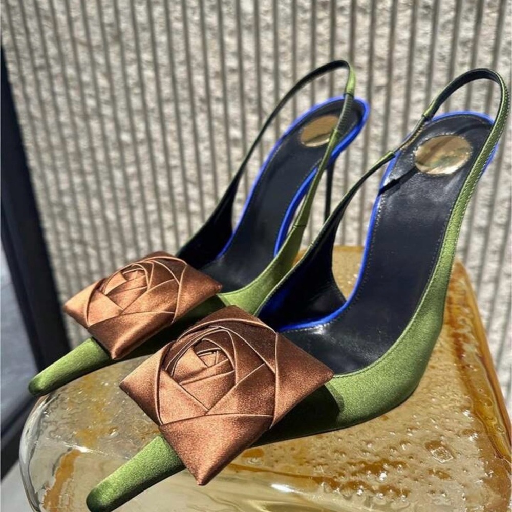 Women’s Olive Green Slingback Heels with Bronze Rose Accent